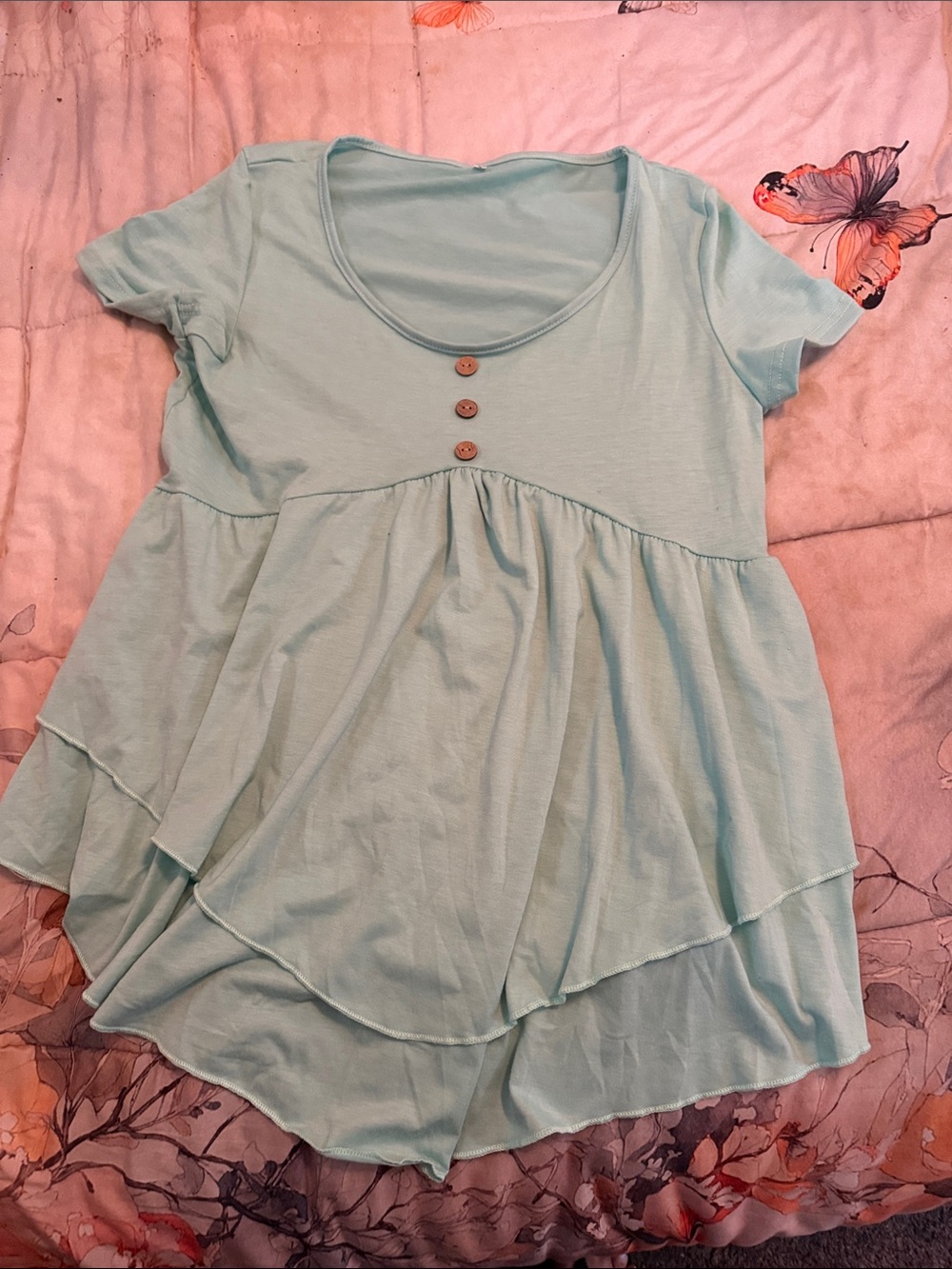 Light Aqua Tiered Babydoll Top with Button Detail